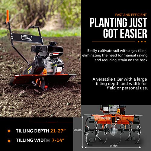 SuperHandy RotoTiller Cultivator 27” Inch Tilling Width 7HP 209cc 4 Stroke Gas Motor 6 Premium Steel Adjustable Forward Rotating Tines for Garden & Lawn, Digging, Weed Removal & Soil Cultivation