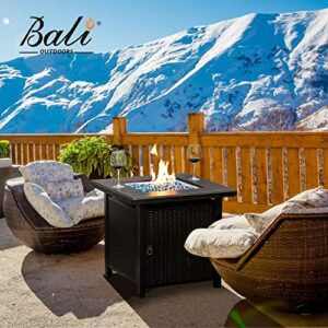 BALI OUTDOORS 28 Inch Propane Fire Pit Table, Rattan & Wicker-Look 50,000 BTU Gas Firepits with Blue Fire Glass for Outside Patio and Garden
