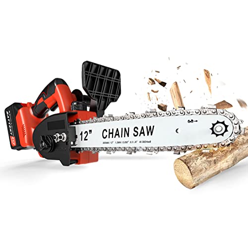 Electric Chainsaw Cordless 12 Inch 3000mAh Chainsaw Power With 2 Chains, Brushless Chainsaw Battery Powered For Trees Cordless Chainsaw Wood Farm Garden Ranch Forest Cutting Fast Charger Included