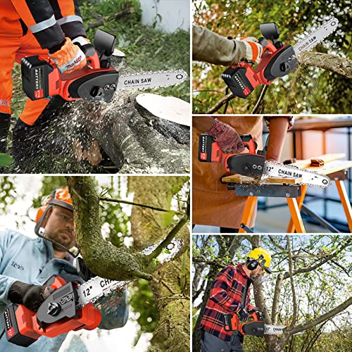 Electric Chainsaw Cordless 12 Inch 3000mAh Chainsaw Power With 2 Chains, Brushless Chainsaw Battery Powered For Trees Cordless Chainsaw Wood Farm Garden Ranch Forest Cutting Fast Charger Included