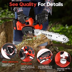 Electric Chainsaw Cordless 12 Inch 3000mAh Chainsaw Power With 2 Chains, Brushless Chainsaw Battery Powered For Trees Cordless Chainsaw Wood Farm Garden Ranch Forest Cutting Fast Charger Included