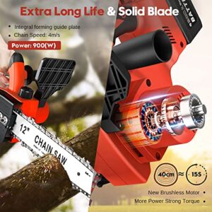 Electric Chainsaw Cordless 12 Inch 3000mAh Chainsaw Power With 2 Chains, Brushless Chainsaw Battery Powered For Trees Cordless Chainsaw Wood Farm Garden Ranch Forest Cutting Fast Charger Included