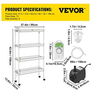 VEVOR Hydroponics Growing System, 72 Sites 8 Pipes Hydroponic System, 4 Layers Hydroponic Kit, Vertical Hydroponic Growing System with Water Pump, Pump Timer, Nest Basket, Sponge for Fruit Vegetables