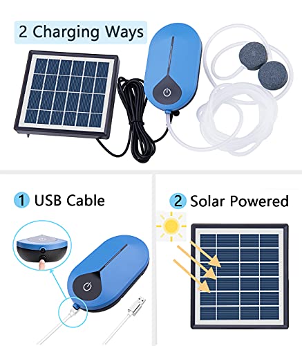 Lewisia Solar Air Pump Kit Hydroponic Pump Solar Battery with Air Hoses and Bubble Stones 3 Working Modes Pond Aerator Bubble Oxygenator 1.5W