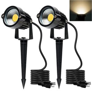 outdoor landscape lights 5w led garden lights ip65 waterproof cob spotlights with spiked stand for outdoor indoor lawn yard walls trees flags decorative lamp warm white lights, 2 pack
