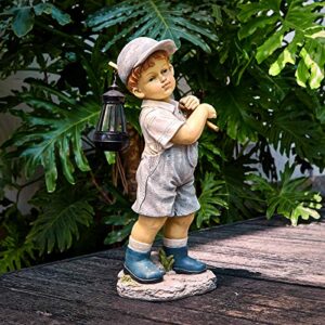 floryden solar boy statue, garden boy statues with solar powered led light for garden, patio, lawn, yard, housewarming, thanksgiving, arbor day, hand-painted sculpted figure, 17.5”h resin