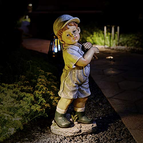 Floryden Solar Boy Statue, Garden Boy Statues with Solar Powered LED Light for Garden, Patio, Lawn, Yard, Housewarming, Thanksgiving, Arbor Day, Hand-Painted Sculpted Figure, 17.5”H Resin