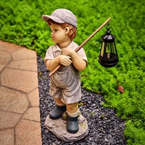 Floryden Solar Boy Statue, Garden Boy Statues with Solar Powered LED Light for Garden, Patio, Lawn, Yard, Housewarming, Thanksgiving, Arbor Day, Hand-Painted Sculpted Figure, 17.5”H Resin