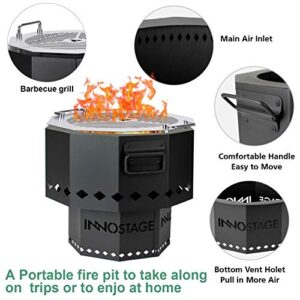 Patented Bonfire Fire Pit with Stainless Barbecue Grill and Portable Carrying Storage Bag, Smoke-Free Firepit Bowl for Wood Pellet with Stand for Outdoor Campfire Flame or BBQ on Patio Garden Backyard