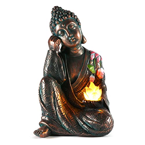 MIBUNG Zen Meditating Buddha Garden Statue Outdoor, Large Bronze Lotus Sitting Buddha Decor with Solar Lights Asian Art Ornament Sculpture, Patio Yard Lawn Home Decorations, Housewarming Gifts