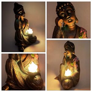 MIBUNG Zen Meditating Buddha Garden Statue Outdoor, Large Bronze Lotus Sitting Buddha Decor with Solar Lights Asian Art Ornament Sculpture, Patio Yard Lawn Home Decorations, Housewarming Gifts