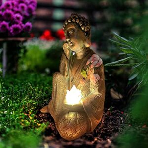 MIBUNG Zen Meditating Buddha Garden Statue Outdoor, Large Bronze Lotus Sitting Buddha Decor with Solar Lights Asian Art Ornament Sculpture, Patio Yard Lawn Home Decorations, Housewarming Gifts