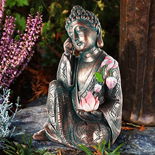 MIBUNG Zen Meditating Buddha Garden Statue Outdoor, Large Bronze Lotus Sitting Buddha Decor with Solar Lights Asian Art Ornament Sculpture, Patio Yard Lawn Home Decorations, Housewarming Gifts