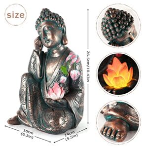 MIBUNG Zen Meditating Buddha Garden Statue Outdoor, Large Bronze Lotus Sitting Buddha Decor with Solar Lights Asian Art Ornament Sculpture, Patio Yard Lawn Home Decorations, Housewarming Gifts