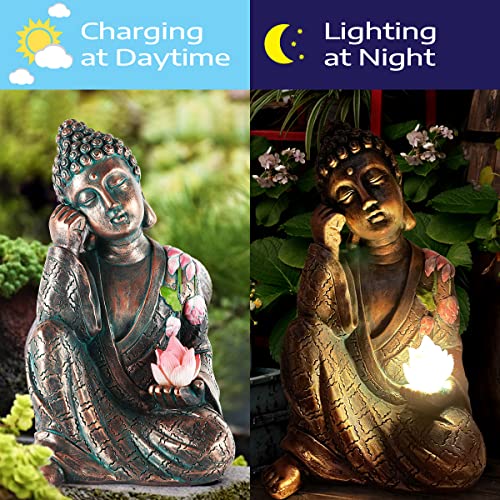 MIBUNG Zen Meditating Buddha Garden Statue Outdoor, Large Bronze Lotus Sitting Buddha Decor with Solar Lights Asian Art Ornament Sculpture, Patio Yard Lawn Home Decorations, Housewarming Gifts