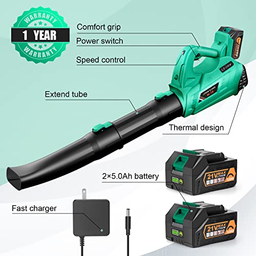 EKACO Leaf Blower - 320CFM 180MPH 21V Leaf Blower Cordless with 2 X 5.0 Ah Battery & Charger, Electric Leaf Blower Battery Powered Leaf Blower Lightweight for Snow Blowing & Lawn Care Yard Cleaning