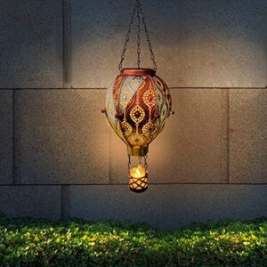 Hot Air Balloon Hanging Solar Lantern Lights with Shepherd Hook,Christmas Outdoor Decorative Metal Waterproof LED Candle Solar Pathway Lights for Garden Patio Pathway Yard Porch Decor