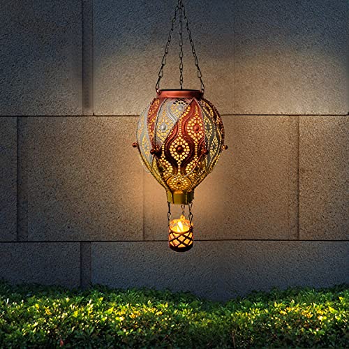 Hot Air Balloon Hanging Solar Lantern Lights with Shepherd Hook,Christmas Outdoor Decorative Metal Waterproof LED Candle Solar Pathway Lights for Garden Patio Pathway Yard Porch Decor