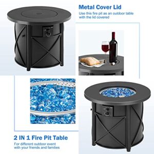 BALI OUTDOORS 30 Inch Round Gas Fire Pit Table, 50,000 BTU Propane Fire Pit Column with Blue Fire Glass Stone for Outside Patio and Garden