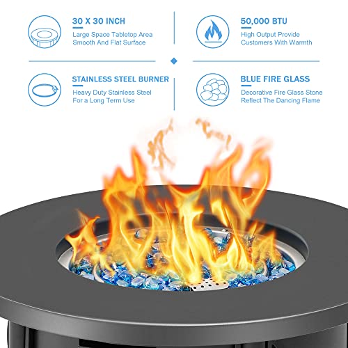 BALI OUTDOORS 30 Inch Round Gas Fire Pit Table, 50,000 BTU Propane Fire Pit Column with Blue Fire Glass Stone for Outside Patio and Garden