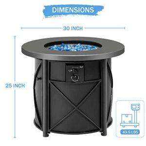 BALI OUTDOORS 30 Inch Round Gas Fire Pit Table, 50,000 BTU Propane Fire Pit Column with Blue Fire Glass Stone for Outside Patio and Garden