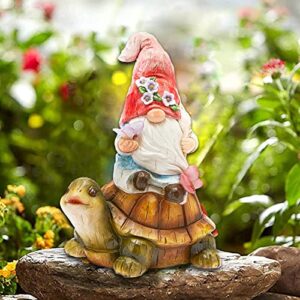 gibmidser garden gnome statue large resin gnome figurine solar led lights sitting on turtle with butterfly, outdoor garden for four seasons decor patio yard lawn porch, ornament gift（pink dwarf）