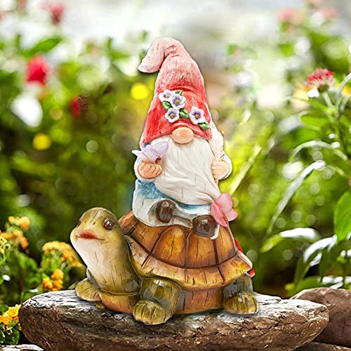 GIBMIDSER Garden Gnome Statue Large Resin Gnome Figurine Solar Led Lights Sitting on Turtle with Butterfly, Outdoor Garden for Four Seasons Decor Patio Yard Lawn Porch, Ornament Gift（Pink Dwarf）