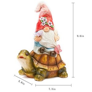 GIBMIDSER Garden Gnome Statue Large Resin Gnome Figurine Solar Led Lights Sitting on Turtle with Butterfly, Outdoor Garden for Four Seasons Decor Patio Yard Lawn Porch, Ornament Gift（Pink Dwarf）