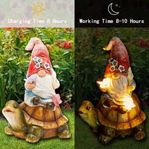 GIBMIDSER Garden Gnome Statue Large Resin Gnome Figurine Solar Led Lights Sitting on Turtle with Butterfly, Outdoor Garden for Four Seasons Decor Patio Yard Lawn Porch, Ornament Gift（Pink Dwarf）