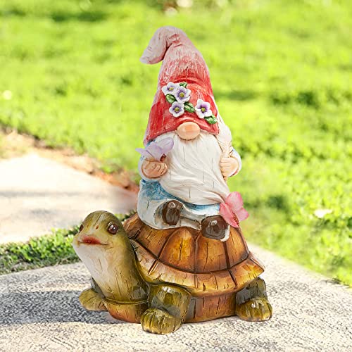 GIBMIDSER Garden Gnome Statue Large Resin Gnome Figurine Solar Led Lights Sitting on Turtle with Butterfly, Outdoor Garden for Four Seasons Decor Patio Yard Lawn Porch, Ornament Gift（Pink Dwarf）