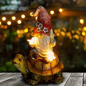 GIBMIDSER Garden Gnome Statue Large Resin Gnome Figurine Solar Led Lights Sitting on Turtle with Butterfly, Outdoor Garden for Four Seasons Decor Patio Yard Lawn Porch, Ornament Gift（Pink Dwarf）