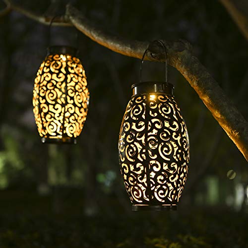 2 Pack Solar Lanterns, Hanging Solar Lantern Outdoor Lantern Solar Powered Lantern with Handle Metal Waterproof Decorative Solar Garden Lights for Patio Yard Pathway Walkway