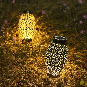 2 Pack Solar Lanterns, Hanging Solar Lantern Outdoor Lantern Solar Powered Lantern with Handle Metal Waterproof Decorative Solar Garden Lights for Patio Yard Pathway Walkway