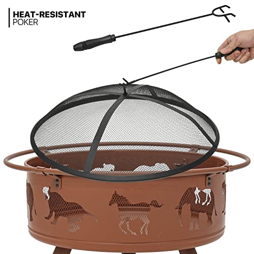 MoNiBloom 32" Wood Burning Fire Pits Horse Pattern Round Metal Firepit Burning Fireplace with Spark Screen Cover and Poker for Patio Backyard Picnic Garden, Red