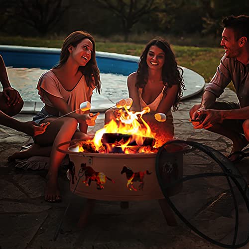 MoNiBloom 32" Wood Burning Fire Pits Horse Pattern Round Metal Firepit Burning Fireplace with Spark Screen Cover and Poker for Patio Backyard Picnic Garden, Red