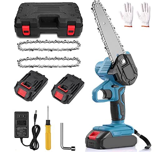 6-inch Cordless Mini Chainsaw, Handheld Electric Chain Saw with 2 Chains and 2 Batteries Rechargeable Chainsaw for Wood Cutting Garden Logging Tree Trimming Branch