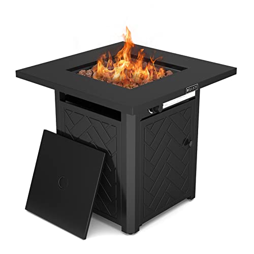 BELLEZE 28-Inch Propane Fire Pit, 50,000 BTU Auto-Ignition Gas Fire Pit, CSA-Approved 2-in-1Outdoor Fire Pit, Gas Fire Pit Table with Lid and Lava Rocks, Fire Pits for Outside, Poolside, Garden, Party