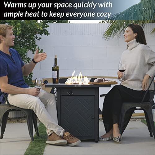 BELLEZE 28-Inch Propane Fire Pit, 50,000 BTU Auto-Ignition Gas Fire Pit, CSA-Approved 2-in-1Outdoor Fire Pit, Gas Fire Pit Table with Lid and Lava Rocks, Fire Pits for Outside, Poolside, Garden, Party