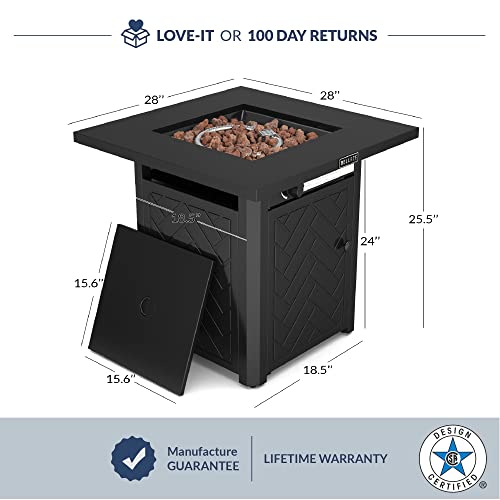 BELLEZE 28-Inch Propane Fire Pit, 50,000 BTU Auto-Ignition Gas Fire Pit, CSA-Approved 2-in-1Outdoor Fire Pit, Gas Fire Pit Table with Lid and Lava Rocks, Fire Pits for Outside, Poolside, Garden, Party