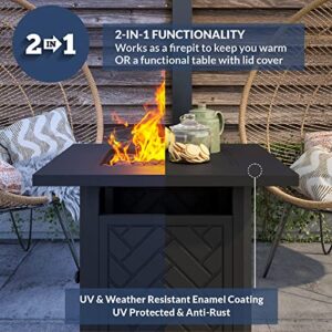 BELLEZE 28-Inch Propane Fire Pit, 50,000 BTU Auto-Ignition Gas Fire Pit, CSA-Approved 2-in-1Outdoor Fire Pit, Gas Fire Pit Table with Lid and Lava Rocks, Fire Pits for Outside, Poolside, Garden, Party