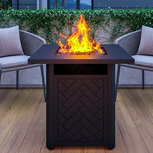 BELLEZE 28-Inch Propane Fire Pit, 50,000 BTU Auto-Ignition Gas Fire Pit, CSA-Approved 2-in-1Outdoor Fire Pit, Gas Fire Pit Table with Lid and Lava Rocks, Fire Pits for Outside, Poolside, Garden, Party