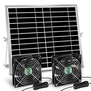 erifyng 20w solar powered fan, solar fan for outside, shed, chicken coop, greenhouse with two ipx7 waterproof fans 13ft on/off switch cable exhaust intake mounting way and installation kits