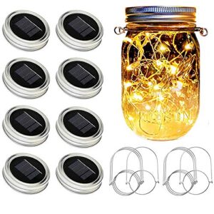 sunkite solar mason jar lights [updated], 8 pack 20 led waterproof fairy firefly jar lids string lights with hangers(no jars), patio yard garden wedding decoration – warm white