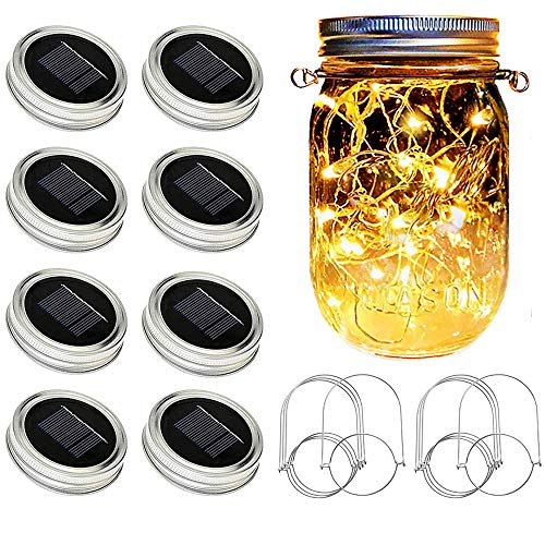 SunKite Solar Mason Jar Lights [Updated], 8 Pack 20 LED Waterproof Fairy Firefly Jar Lids String Lights with Hangers(NO Jars), Patio Yard Garden Wedding Decoration - Warm White