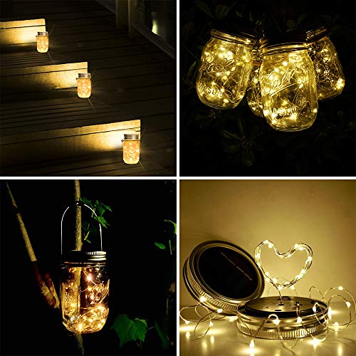 SunKite Solar Mason Jar Lights [Updated], 8 Pack 20 LED Waterproof Fairy Firefly Jar Lids String Lights with Hangers(NO Jars), Patio Yard Garden Wedding Decoration - Warm White