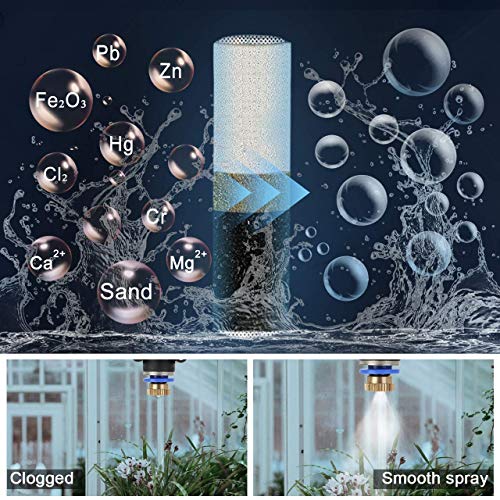 CozyCabin Mist Calcium Inhibitor Filter Bunle with 20 PCS Low Pressure Brass Outdoor Misting Nozzles 0.016" Orifice Thread Misting Water Mister Nozzle, for Garden Patio Mister