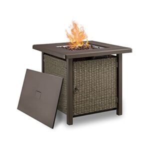 art leon 28in gas fire pit table, 40,000 btu outdoor wicker patio propane fire pit table with lid, 11 pound amber glass rocks, csa certification, for outside patio, garden, backyard, khaki