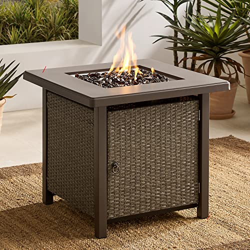 Art Leon 28in Gas Fire Pit Table, 40,000 BTU Outdoor Wicker Patio Propane Fire Pit Table with Lid, 11 Pound Amber Glass Rocks, CSA Certification, for Outside Patio, Garden, Backyard, Khaki