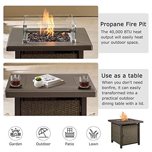 Art Leon 28in Gas Fire Pit Table, 40,000 BTU Outdoor Wicker Patio Propane Fire Pit Table with Lid, 11 Pound Amber Glass Rocks, CSA Certification, for Outside Patio, Garden, Backyard, Khaki