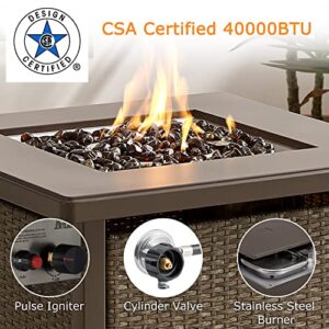 Art Leon 28in Gas Fire Pit Table, 40,000 BTU Outdoor Wicker Patio Propane Fire Pit Table with Lid, 11 Pound Amber Glass Rocks, CSA Certification, for Outside Patio, Garden, Backyard, Khaki